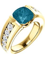 18K Yellow Gold 8.00x8.00mm Antique Cushion Cut London Blue Topaz and Diamond Ring -- LIFETIME WARRANTY