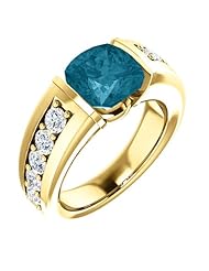10K Yellow Gold 8.00x8.00mm Antique Cushion Cut London Blue Topaz and Diamond Ring -- LIFETIME WARRANTY