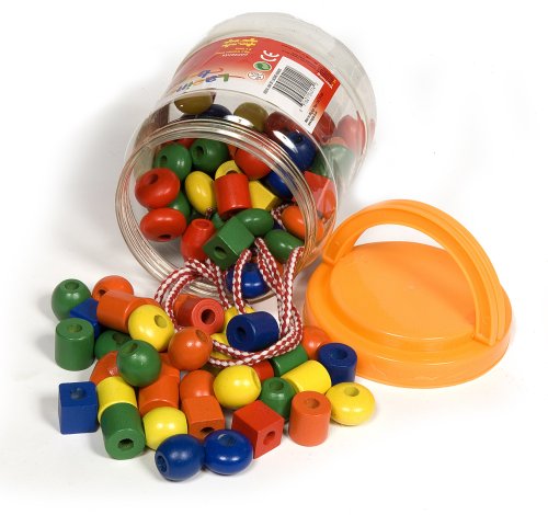 Childrens Toyshop  Toys : Wooden Jar of Lacing Beads- Bigjigs Toys