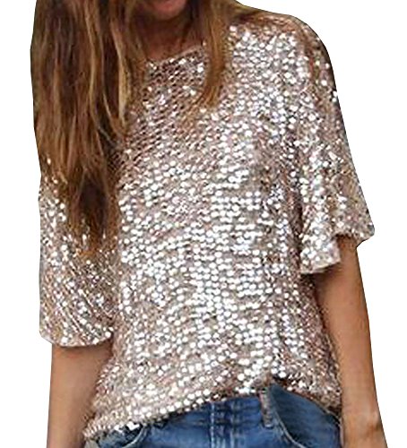 Baifern Women's Sequin Short Sleeve T-shirts Plus Size