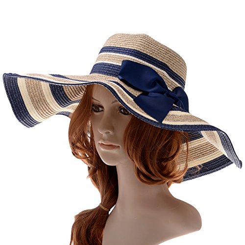 Vbiger Fashion Women Large-Brim Straw Bowknot Hat Mixed-color Stripe Beach Summer Sun Hats (Azure)