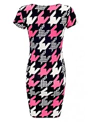 Elastane/Polyester Round Neck Houndstooth Print Short Sleeves Bodycon Dress/Evening Dress  with a Court Train 