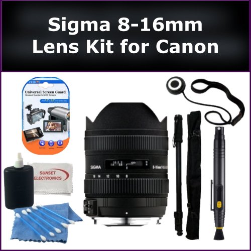 Sigma 8-16mm F4.5-5.6 DC HSM Ultra-Wide Zoom Lens Kit for Select Canon EOS SLRs Includes: Sigma 8-16mm Lens, Lens Cap Keeper, Lens Cleaning Pen, Monopod, LCD Screen Protectors, and Cleaning Kit with SSE Microfiber Cleaning Cloth