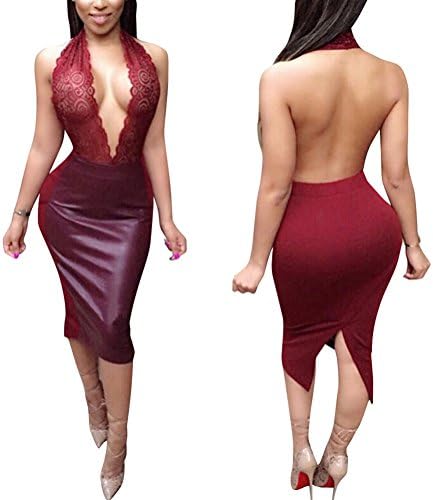 Riveroy Women's Luxury Halter Neck Backless Lace BanquetBodycon Party Dress M Burgundy