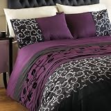 Divine Plum Black Flocked Pin Tuck King Size Duvet Quilt Cover Set