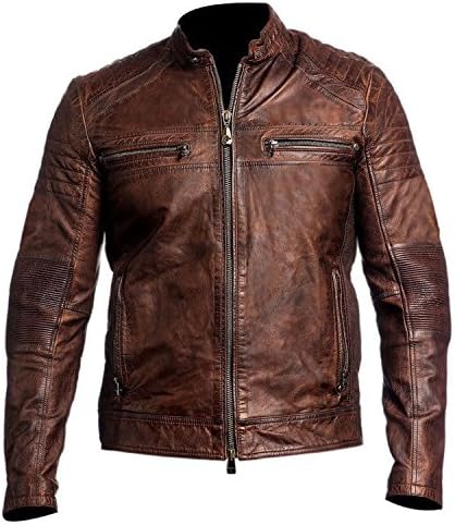 Mens Biker Vintage Motorcycle Distressed Brown Cafe Racer Leather Jacket (Medium)