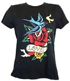 Ed Hardy Womens Short Sleeve Tee Shirt - Bird & Rose (Black)