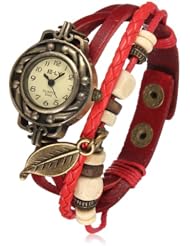 Dark Red Vintage Weave leaf Leather Women Bangle Bracelet Quartz Wrist Watch DDStore