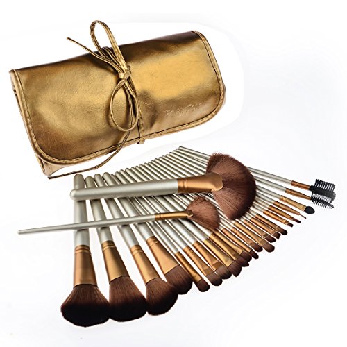 Makeup Brushes, PeleusTech 24pcs Cosmetics Brushes Set Synthetic Kabuki Professional Brush Kit Cream Contour Face Powder, Foundation, Eyeshadow, Lip Brushes with PU Leather Case-Golden