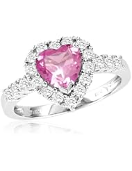 10k White Gold Heart-Shaped Created Pink Sapphire and Round Created White Sapphire Heart Ring