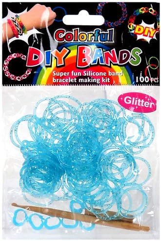 D.I.Y. Do it Yourself Bracelet Bands 100 Blue Glitter Rubber Bands with Hook Tool &amp; Buckles