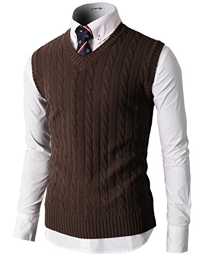 H2H Mens Casual Knitted Slim Fit V-neck Vest With Twisted Patterned DARKBROWN US L/Asia XL (KMOV037)