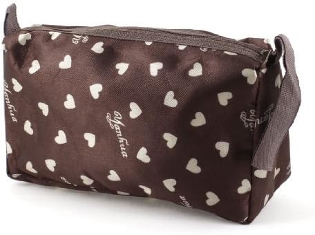 FOREVER YUNG Lady Zippered Off White Heart Pattern Brown Cosmetic Pouch Bag w Hand Strap