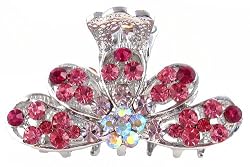 Hair Clip - H90 - Tiara Style (2" x 1-1/8") - Silver Tone Metal ~ Lt Rose (Light Pink), Rose (Pink) and Rose AB (Iridescent)