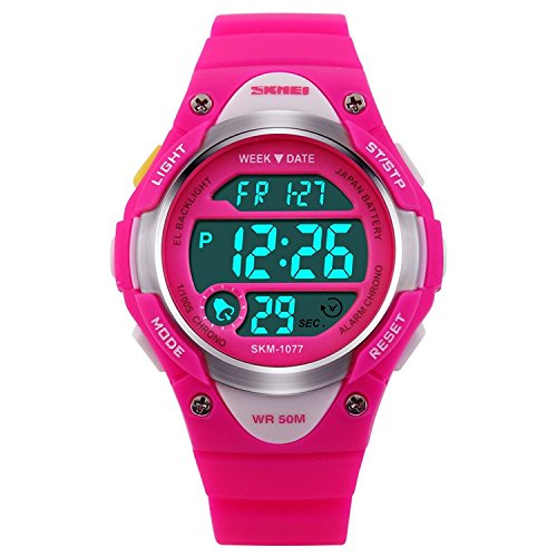 Bo Yi Kids Outdoor Sports Children's Waterproof Wrist Dress Watch With LED Digital Alarm Stopwatch Lightweight Silicone for Boy Girl (Pink)