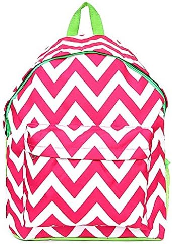 Microfiber Chevron Backpack with Front Zipper Pocket and Mesh Side Pocket (Pink/White/Lime)
