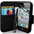 Apple iPhone 4s und 4 Buch-Stil Imitat Ledertasche in Schwarz, Eingabestift, Displayschutzfolie, Reinigungstuch