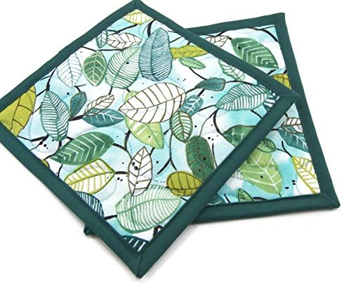 Cotton Pot Holders, Quilted Hot Pads - Green Leaves on Aqua Blue - Set of Two 8 Inch Potholders