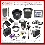 The Professional Photographers Ultimate Accessory Package For The Canon EOS 7D, 5D Mark II includes: 32GB Hi Speed Error Free Memory Card, Hi Speed Card Reader, 58mm Macro Lens Kit, 2 Batteries & Charger, Hard Flower lens Hood, 0.5x Professional Wide Angle Lens , 3.6X Telephoto Lens, 72 Inch tripod, Professional Digital Camera Swivel TTL Flash, Flash Diffuser, Hard Carrying Case, Lens Cleaning Kit, Screen Protectors, Flexible Mini Tripod and More...