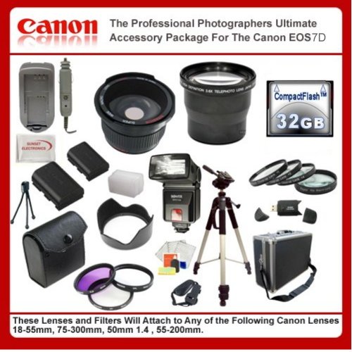The Professional Photographers Ultimate Accessory Package For The Canon EOS 7D, 5D Mark II includes: 32GB Hi Speed Error Free Memory Card, Hi Speed Card Reader, 58mm Macro Lens Kit, 2 Batteries & Charger, Hard Flower lens Hood, 0.5x Professional Wide Angle Lens , 3.6X Telephoto Lens, 72 Inch tripod, Professional Digital Camera Swivel TTL Flash, Flash Diffuser, Hard Carrying Case, Lens Cleaning Kit, Screen Protectors, Flexible Mini Tripod and More...