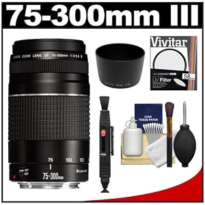 Canon EF 75-300mm f/4-5.6 III Zoom Lens + UV Filter + Accessory Kit for Rebel XS, XSi, T1i, T2i, T3, T3i EOS 40D, 50D, 60D, 7D Digital SLR Cameras