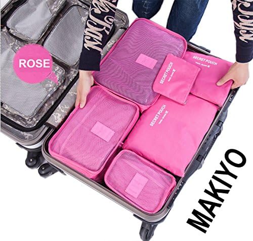 6 Set Packing Cube 3 Travel Cubes with 3 Compression Pouches Waterproof Travel Packing Luggage Organizers (Rose Red)