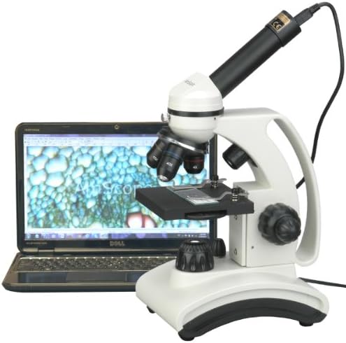 AmScope M160C-2L-PB10-E1 Digital Cordless Compound Monocular Microscope, WF10x and WF25x Eyepieces, 40x-1000x Magnification, Upper and Lower LED Illumination with Rheostat, Brightfield, Single-Lens Condenser, Coaxial Coarse and Fine Focus, Plain Stage, 110V or Battery-Powered, with Handle and Arched Base, Includes Slide Set, 1.3MP Camera and Software