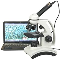 AmScope M160C-2L-PB10-E2 Digital Cordless Compound Monocular Microscope, WF10x and WF25x Eyepieces, 40x-1000x Magnification, Upper and Lower LED Illumination with Rheostat, Brightfield, Single-Lens Condenser, Coaxial Coarse and Fine Focus, Plain Stage, 110V or Battery-Powered, with Handle and Arched Base, Includes Slide Set, 2MP Camera and Software
