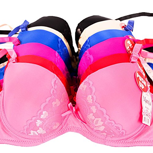MaMia Women's 6 Push Up Bras Lot Lace Detail Solid Colors