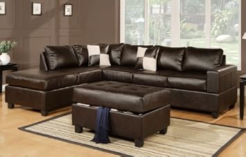 3pc Sectional Sofa with Reversible Chaise and Ottoman in Espresso Leather Match,Poundex,POUNDEX-F7351