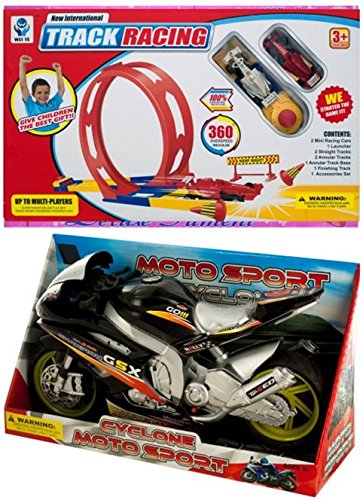 Super Loop Race Track Cars Bundle With Friction Powered Toy Motorcycle Sound & Light