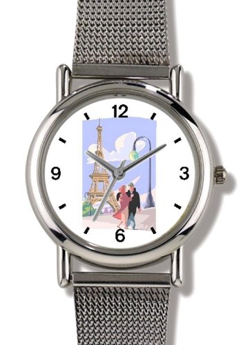 Paris City of Love - Eiffel Tower Paris & France Theme - WATCHBUDDY® ELITE Chrome-Plated Metal Alloy Watch with Metal Mesh Strap-Size-Small ( Standard Women's Size )