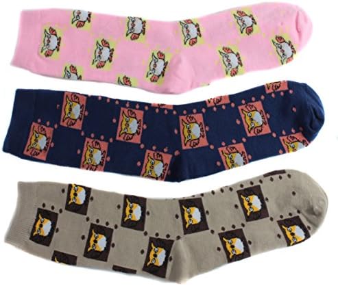 So Good Women's Autumn Owl Crew Socks, 80% Cotton, (3 Pair) (Navy Pink Brown)