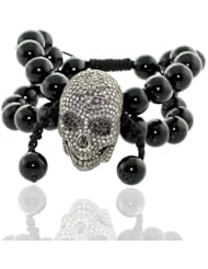 Pave Diamond Gemstone Skull Beaded Macrame Bracelet Silver Fashion Jewelry