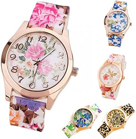 LNTGO New Fashion Quartz Watch Rose Flower Print Silicone Watches Floral Leopard Casual Wristwatches For Women Men Relogio Hours Girls