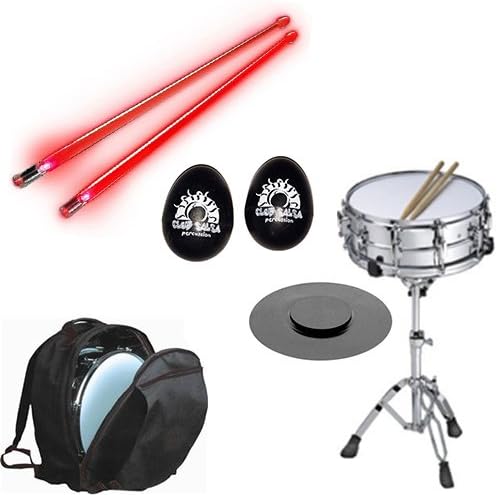 Band Directors Choice Complete Student Snare Drum Kit w/Stand, Backpack Carry Bag, Drum Practice Pad &amp; Red Light Up Drumsticks + BONUS Black Rhythm Percussion Shakers