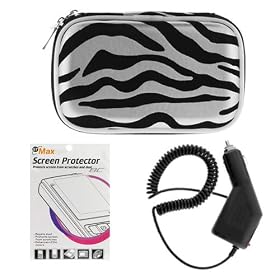 GTMax Black Rapid Car Charger + Premium Silver Zebra Eva Pouch Carrying Case + Durable Clear LCD Screen Protector for Garmin nuvi 265WT, nuvi 260W, nuvi 255W, nuvi 250W, nuvi 205W, nuvi 200W TomTom GO 920, 720, 930 630 730 GPS