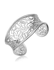 Sterling Silver Rhodium Plated Lace Motif Concave Style Cuff