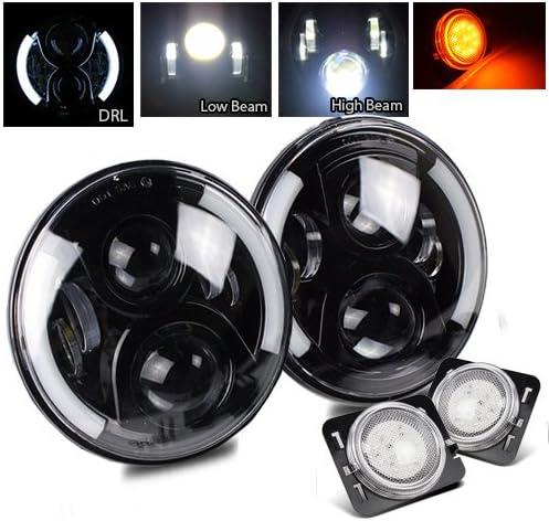 7 Inch Round CREE Black LED Projector Headlight and 5W 10pcs 3030 SMD Side Marker(Chrome Amber) for Jeep JK TJ LJ CJ