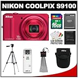Nikon Coolpix S9100 12.1 MP Digital Camera (Red) with 16GB Card + Battery + ....
