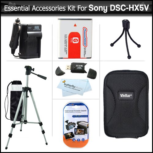 Essential Accessories Kit For Sony Cyber-Shot DSC-HX5V DSC-H70 DSC-HX7V DSC-HX9V Digital Camera Includes Extended Replacement (1350 maH) NP-FG1 Battery + AC/DC Travel Charger + USB 2.0 Card Reader + Hard Case + 50 Tripod w/Case + Screen Protectors + More