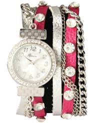 Geneva Multi Chain & Leather Strip Rhinestone & Silver Wrap Watch - Hot Pink