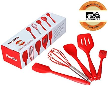 Honla Kitchen Gadgets,5-Piece Silicone Baking and Cooking Utensils Set in Hygienic Solid Coating-Essential Equipment/Tool with Nylon Code-Includes Spatulas/Egg Whisk/Spoon/Pastry Brush/Slotted Turner