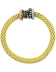 Sterling Silver Stretch Bangle Bracelet Yellow Gold Finish Tri-Color Circle Bead Charm Accents, 9/32 inch wide
