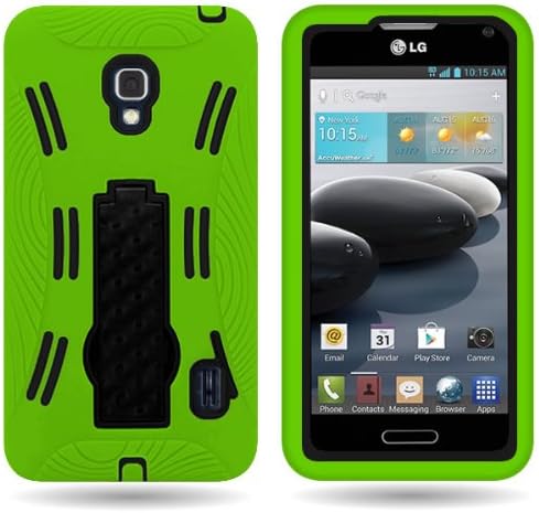 CoverON® Hybrid Dual Layer Kickstand Case for LG Optimus F6 - with Cover Removal Pry Tool - Black Hard Neon Green Soft Silicone