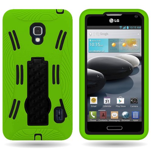 CoverON® Hybrid Dual Layer Kickstand Case for LG Optimus F6 - with Cover Removal Pry Tool - Black Hard Neon Green Soft Silicone
