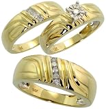 14k Yellow Gold Trio 3-Piece His (8mm) & Hers (6mm; 6mm) Wedding Band Set, w/ 0.25 Carat Brilliant Cut Diamonds; (Men's Size 9 to 12; Ladies' Size 6 to 8)