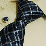 Blue Checkers Mens Neck Ties Khaki Checker Valentine Handmade Silk Neck Ties Cuff Links Set 6433