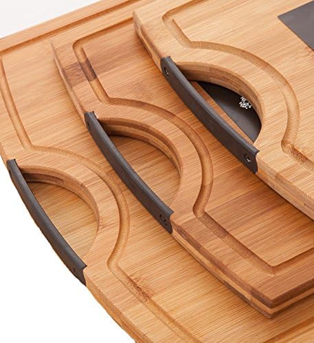 Three Piece 100% Natural Bamboo Cutting Board Set with Drip Grooves and Handles - Small, Medium, Large. Durable, Antimicrobial, Easy to Clean, Great in Any Kitchen, Be a Chef with Professional Grade