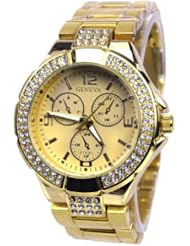 CZ Geneva Metal Band Gold Plated Ladies Boyfriend Watch Japan Movement Gold